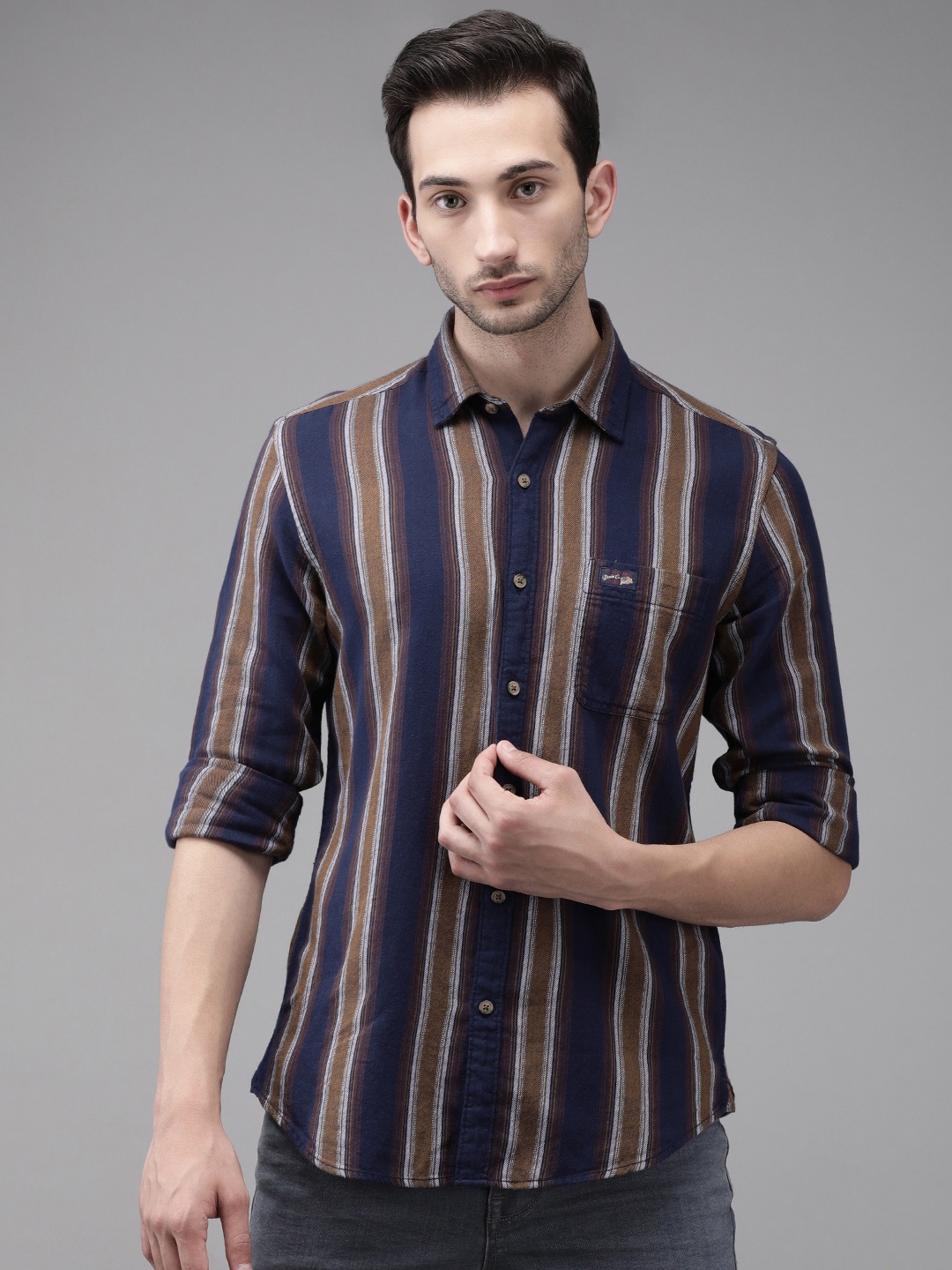 

U S Polo Assn Denim Co Men Navy Blue And Brown Striped Regular Fit Cotton Casual Shirt