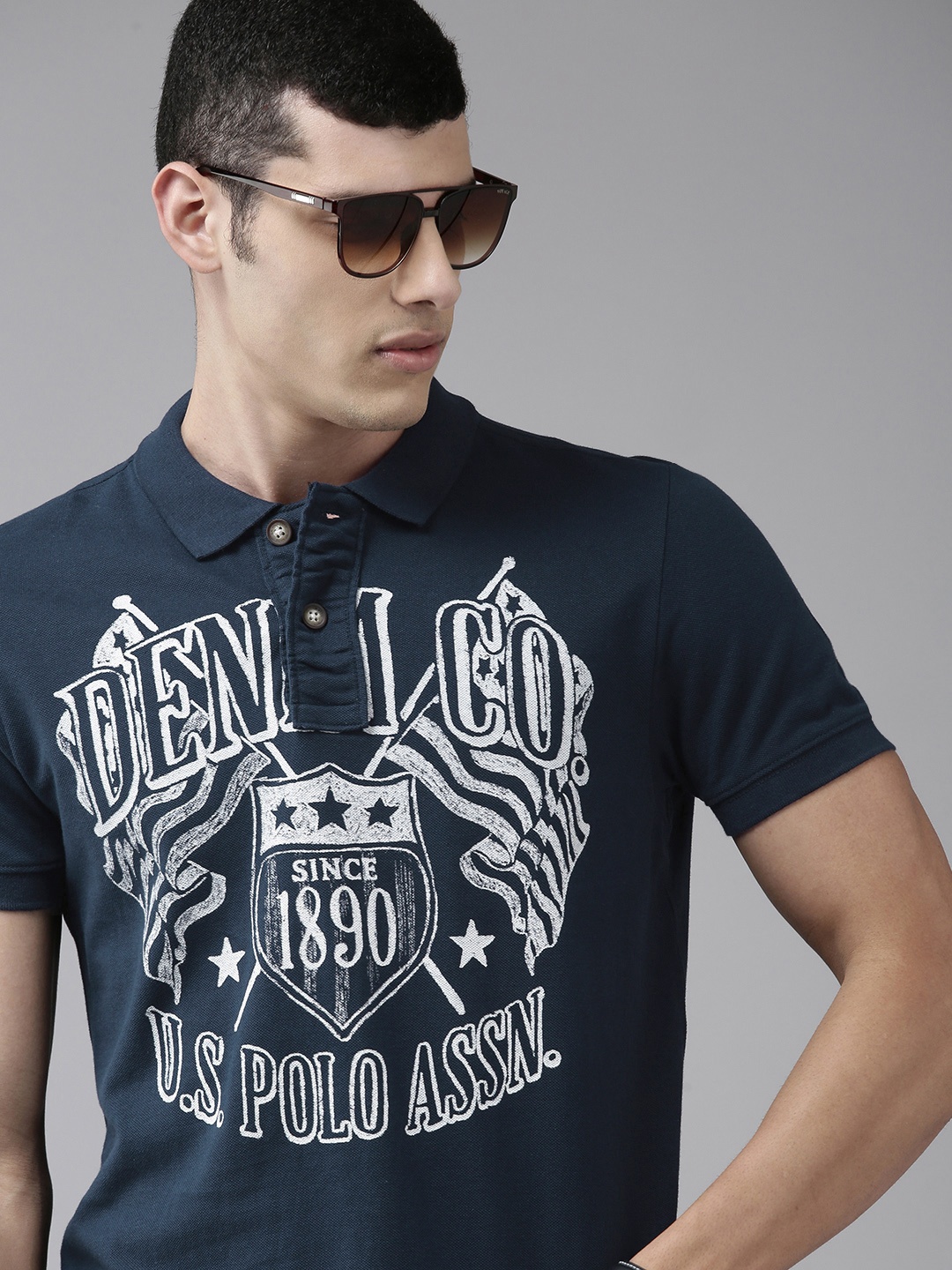 

U S Polo Assn Denim Co Men Navy Blue & White Typography Polo Collar Casual T-shirt