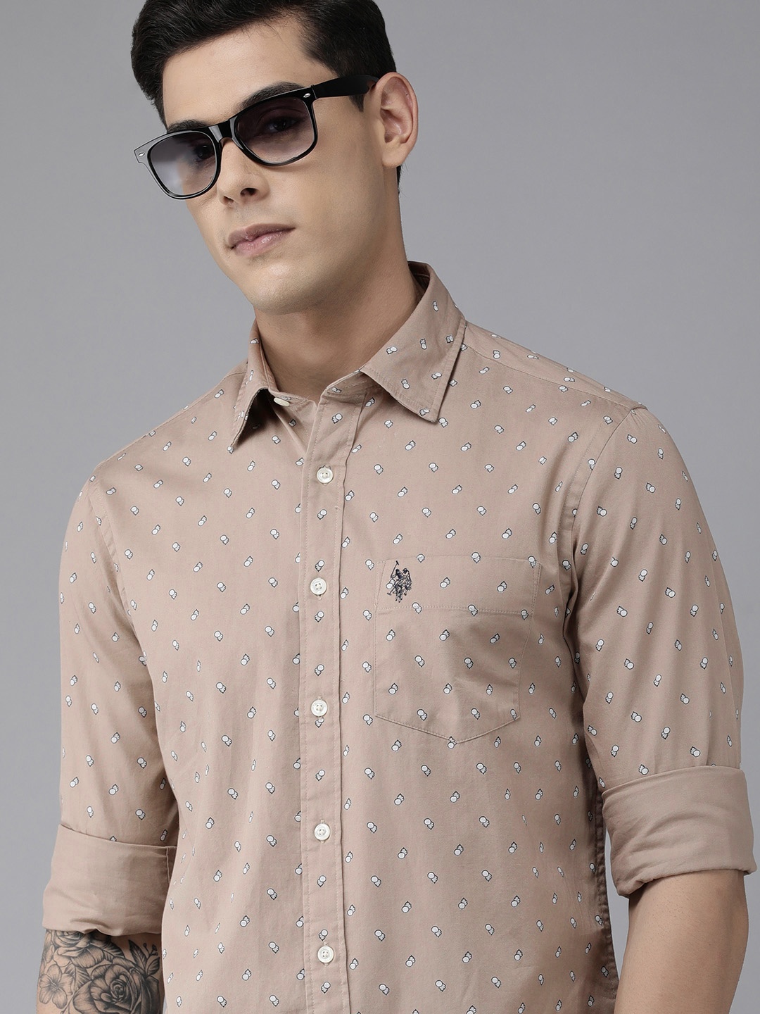 

U S Polo Assn Men Beige Printed Pure Cotton Casual Shirt