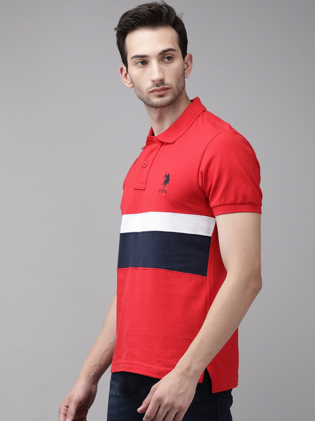 

U S Polo Assn Men Red Navy Blue Colourblocked Polo Collar Slim Fit Cotton Pure Cotton T-shirt