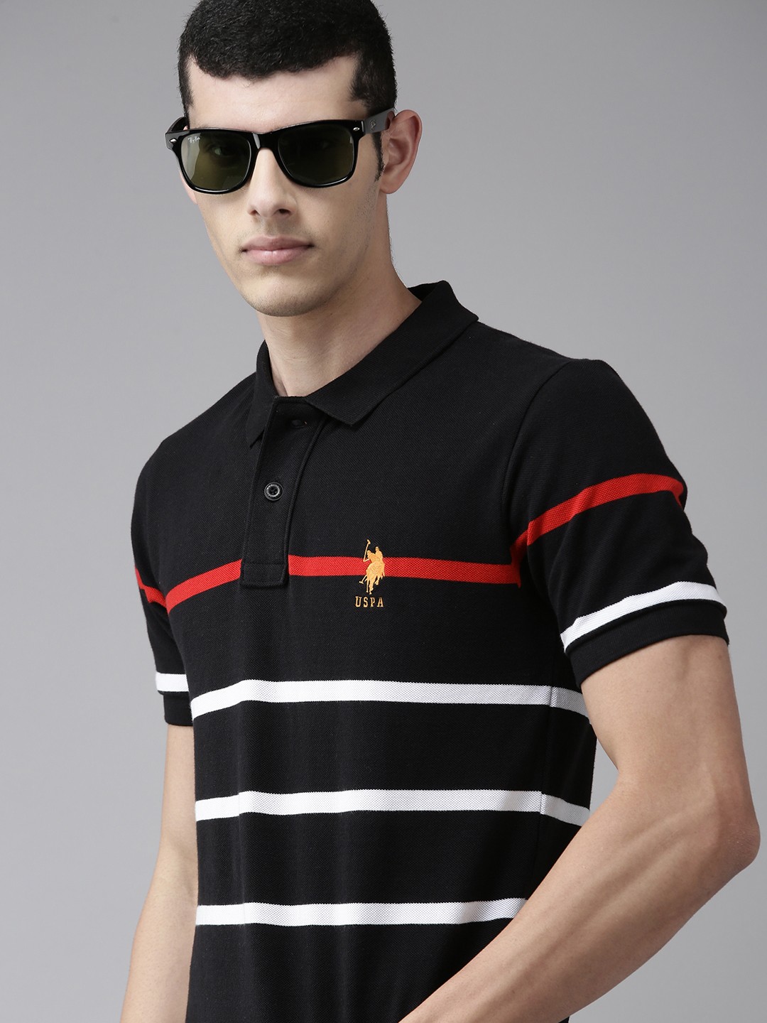 

U S Polo Assn Men Black & White Striped Polo Collar Slim Fit T-shirt
