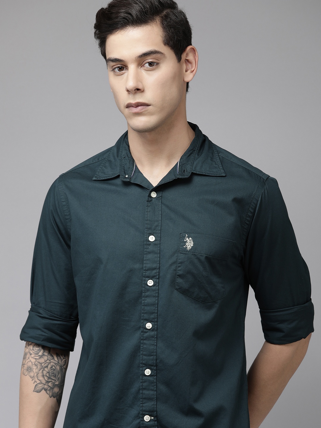 

U.S. Polo Assn. Men Teal Blue Tailored Fit Solid Opaque Pure Cotton Casual Shirt