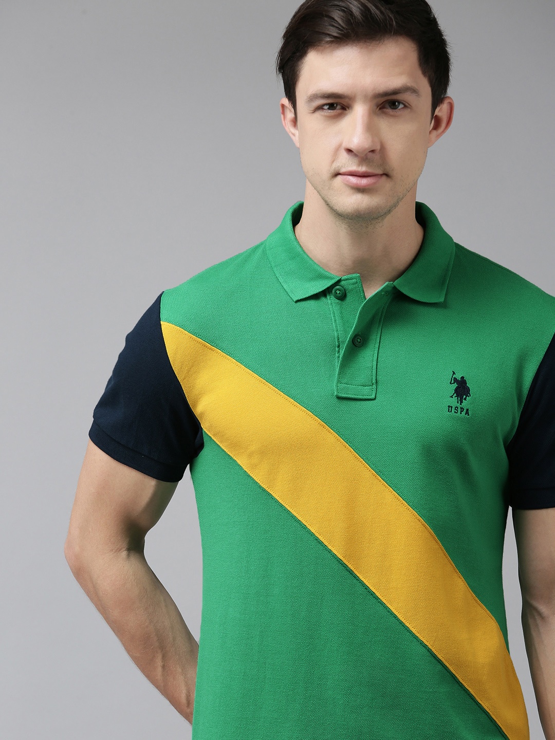 

U S Polo Assn Men Green & Yellow Colourblocked Polo Collar Slim Fit Cotton T-shirt