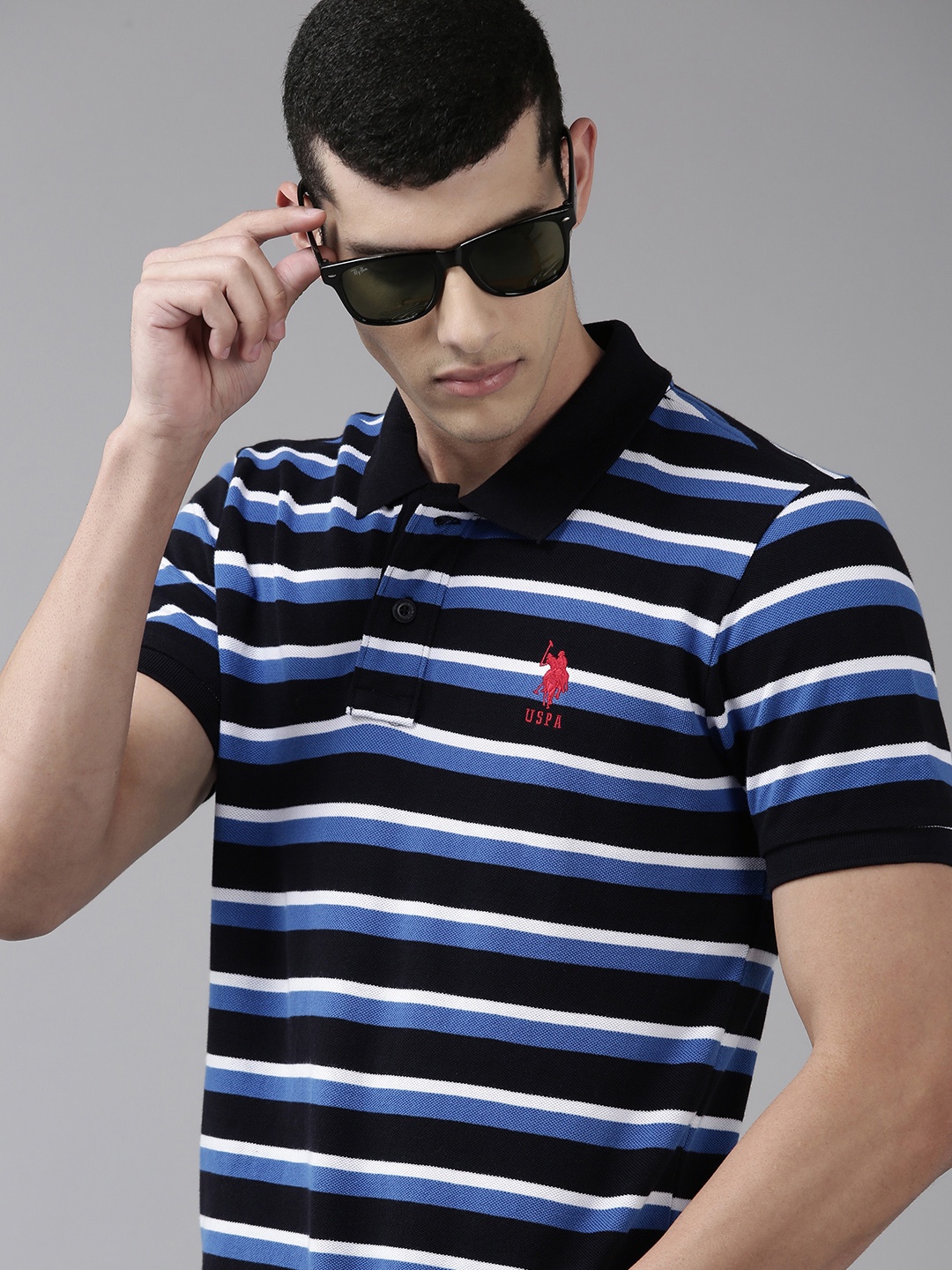 

U S Polo Assn Men Black & Blue Striped Polo Collar Slim Fit Pure Cotton T-shirt