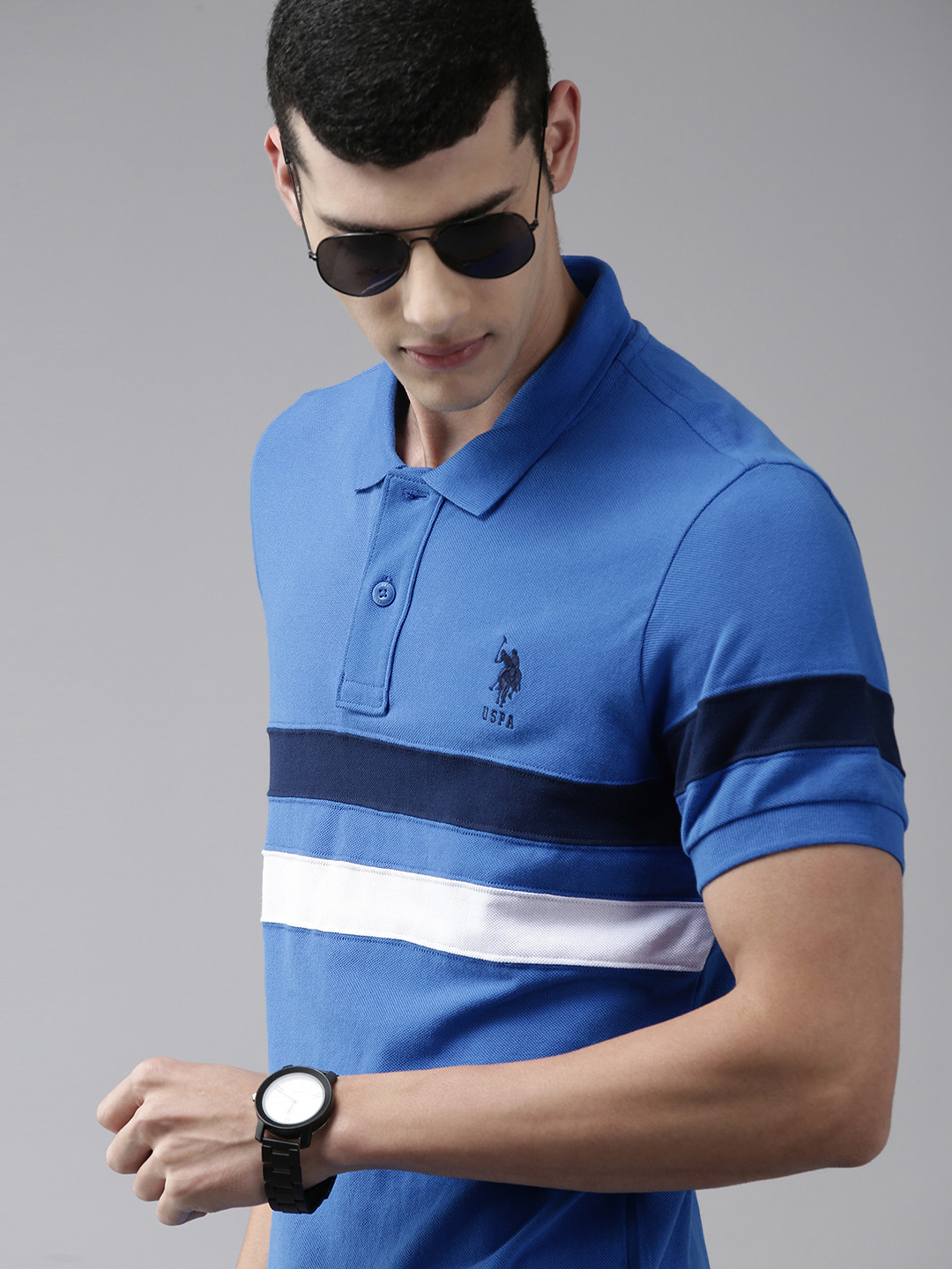

U S Polo Assn Men Blue Striped Polo Collar Slim Fit T-shirt