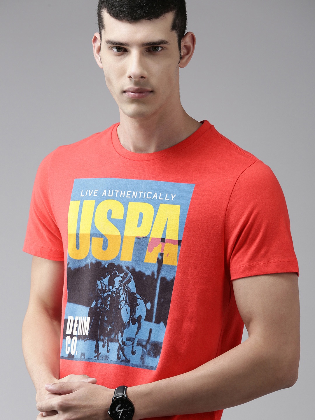 

U S Polo Assn Denim Co Men Red Graphic Printed Pure Cotton Casual T-shirt