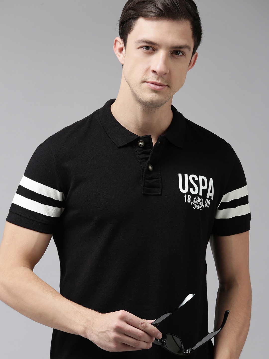 

U S Polo Assn Denim Co Men Black Brand Logo Printed Polo Collared Pure Cotton T-shirt