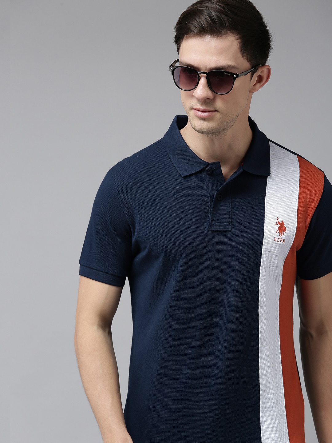 

U S Polo Assn Men Navy Blue Colourblocked Polo Collar T-shirt