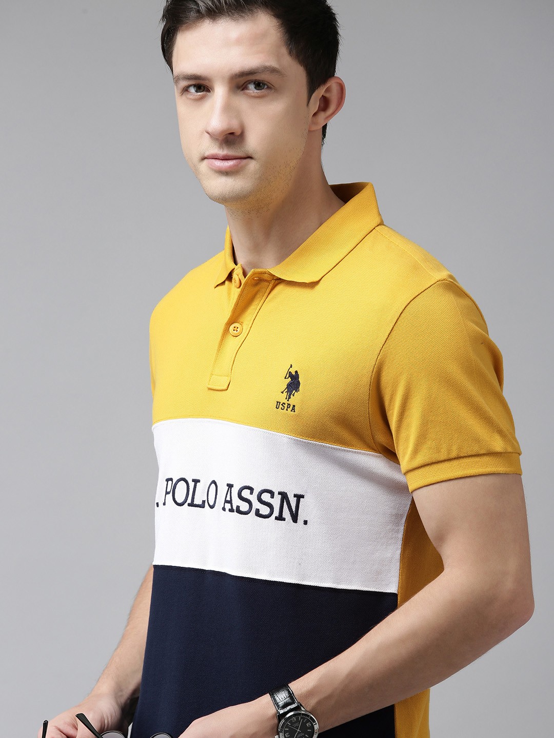 

U S Polo Assn Men Mustard Yellow & White Colourblocked Polo Collar T-shirt
