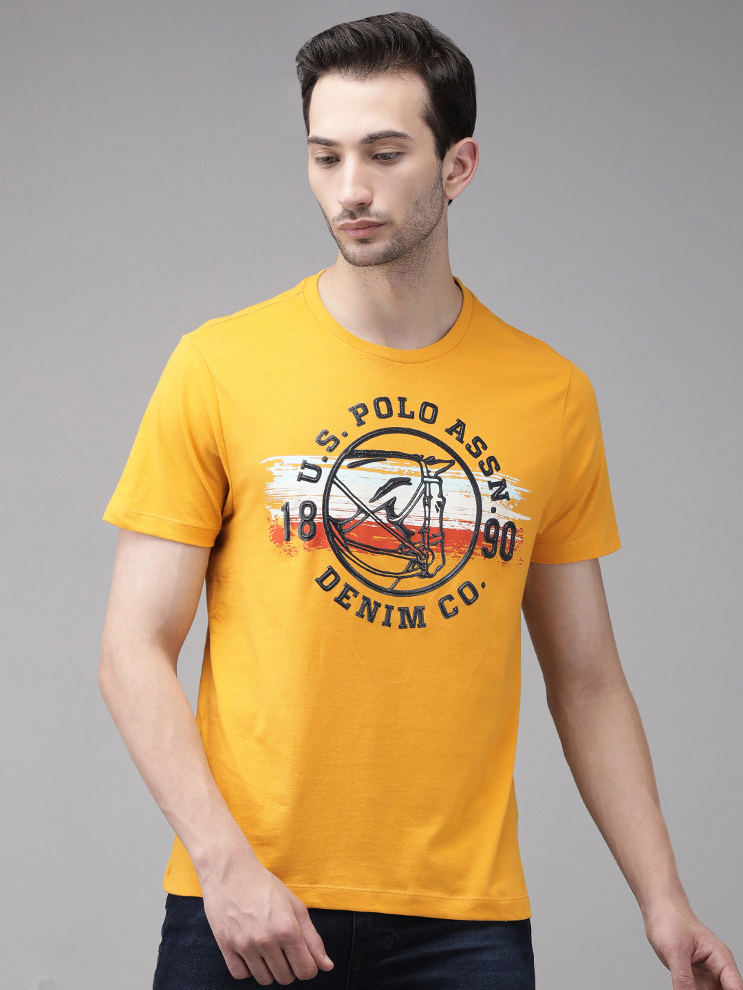 

U S Polo Assn Denim Co Men Mustard Brand Logo Printed Regular Fit Cotton Casual Pure Cotton T-shirt