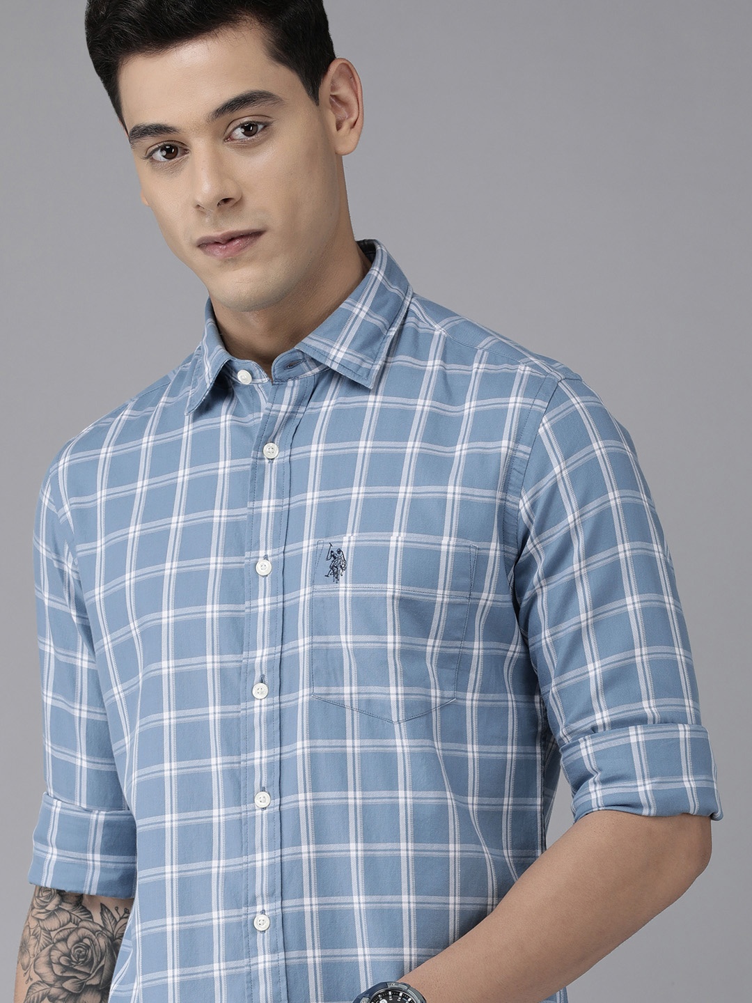 

U S Polo Assn Men Blue & White Tailored Fit Checked Pure Cotton Casual Shirt