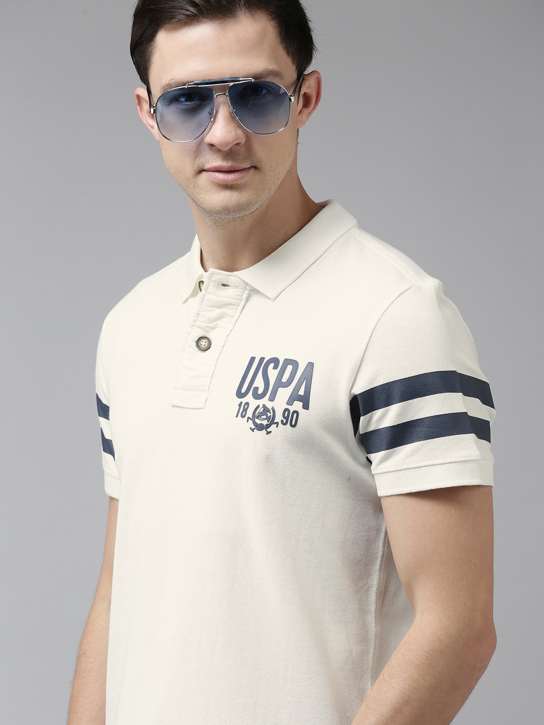 

U S Polo Assn Denim Co Men White Brand Logo Print Polo Collared Pure Cotton T-shirt