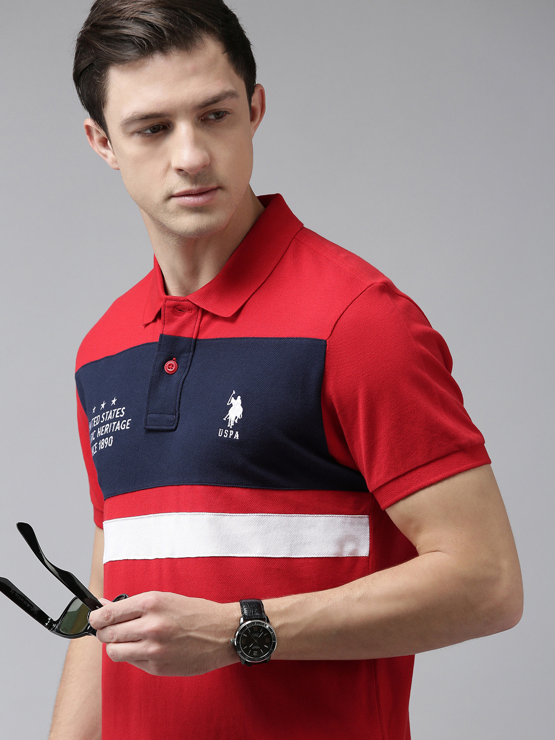 

U S Polo Assn Men Red & Navy Blue Colourblocked Polo Collar T-shirt