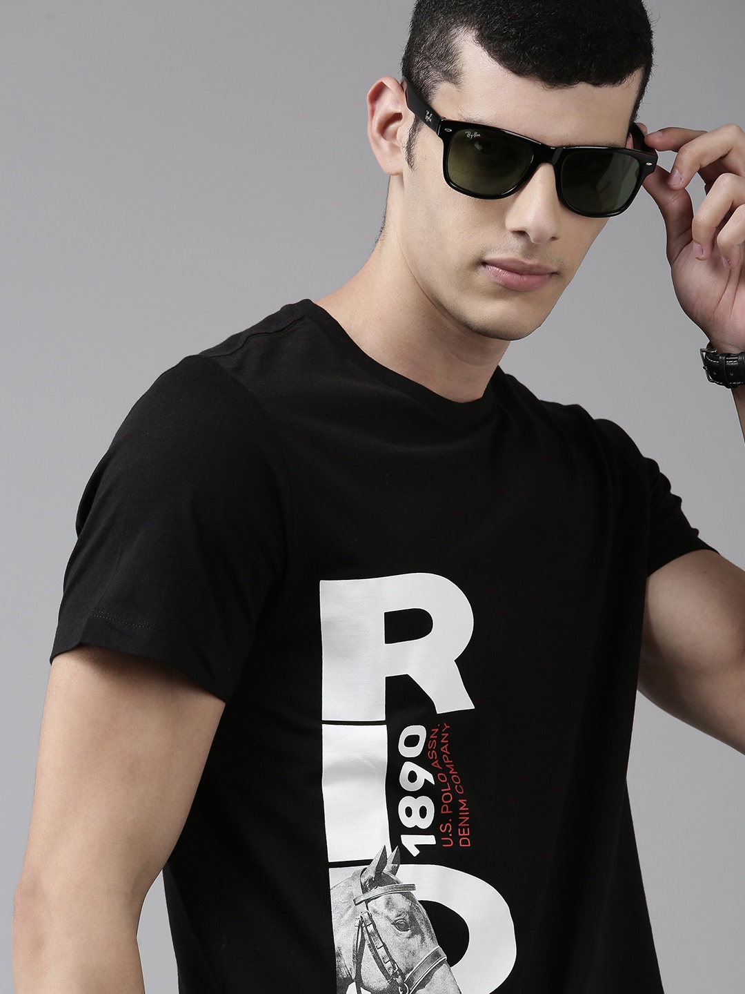 

U S Polo Assn Denim Co Men Black & White Typography Printed Cotton Casual T-shirt
