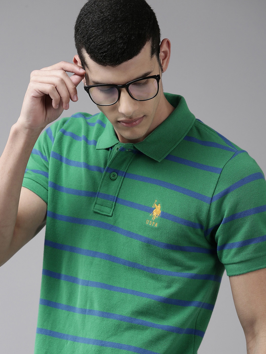 

U S Polo Assn Men Green & Blue Striped Polo Collar Slim Fit Pure Cotton T-shirt