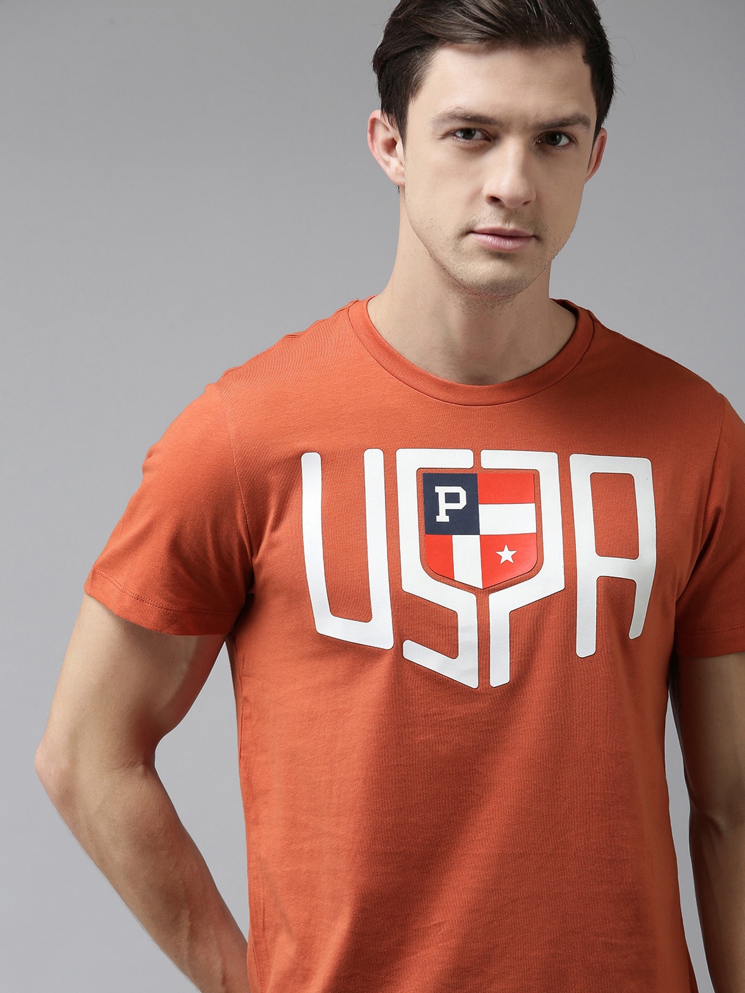 

U S Polo Assn Denim Co Men Orange & White Typography Printed Pure Cotton T-shirt