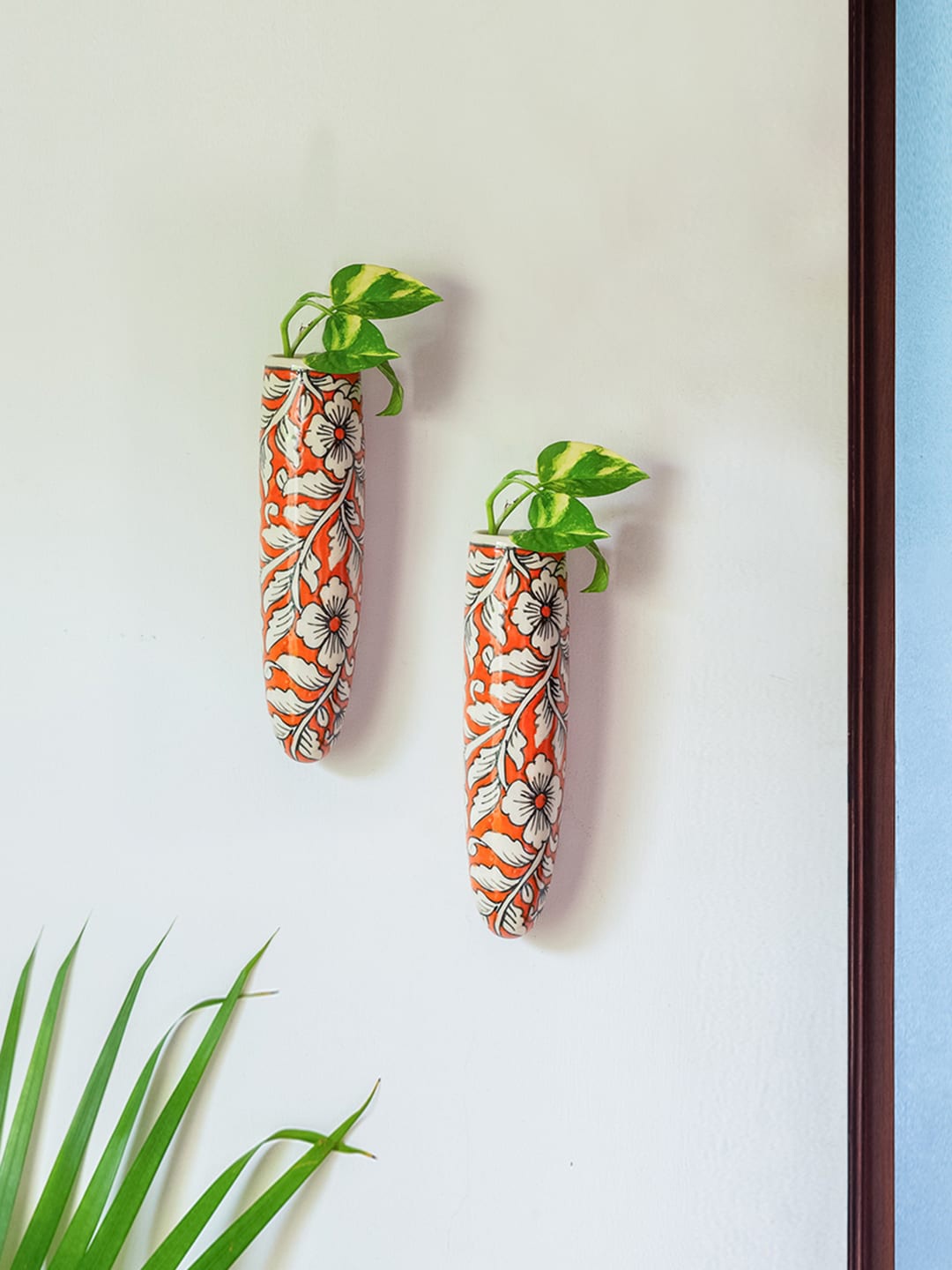 

ExclusiveLane Set Of 2 Fiery Marigold Handpainted Wall Planters Pots In Ceramic, Orange