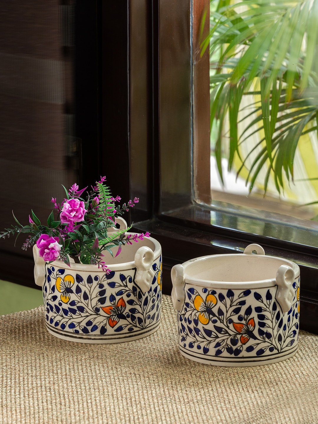 

ExclusiveLane Set Of 2 Indigo Vines Hand-Painted Ceramic Table Planters, White