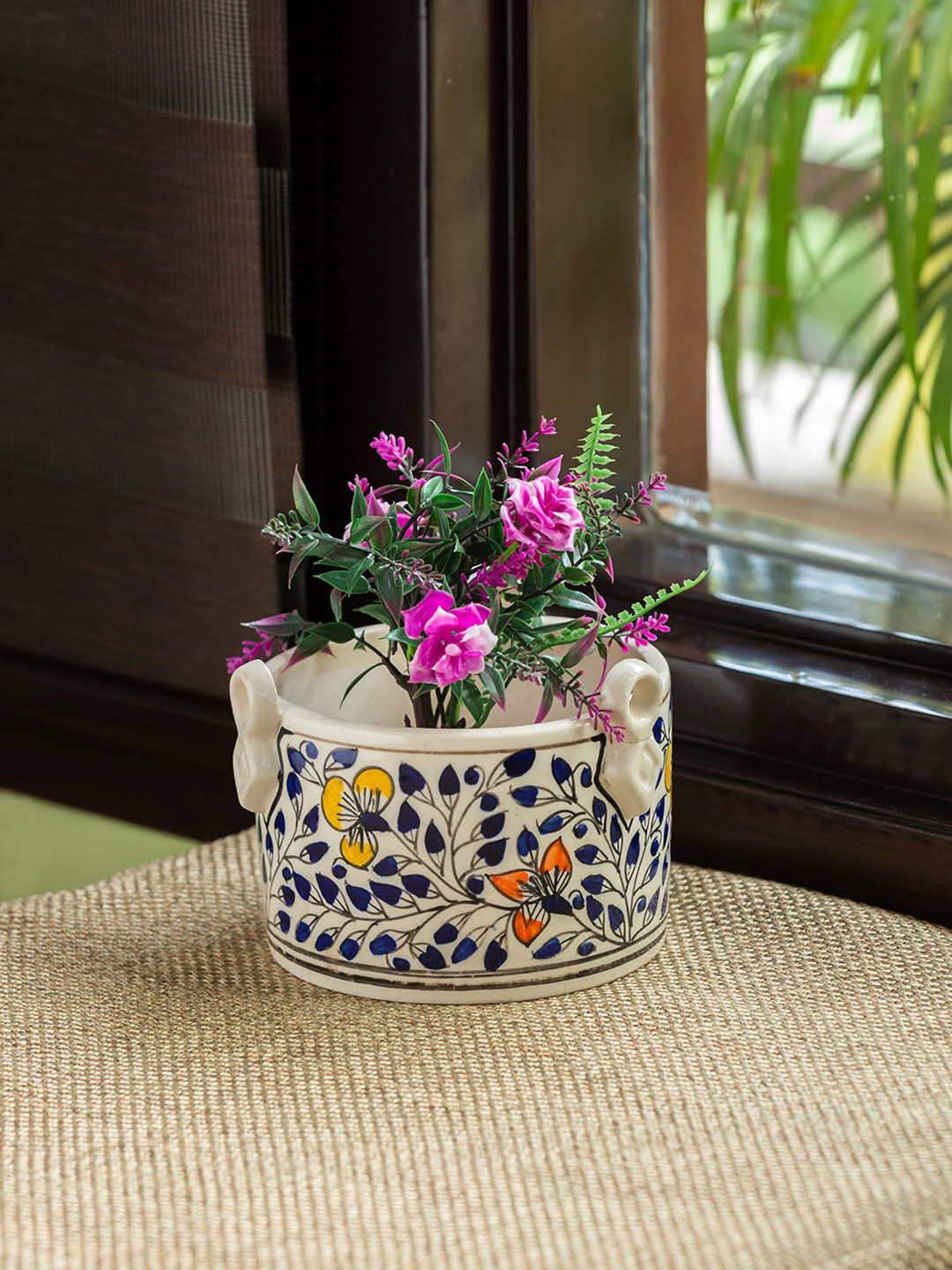 

ExclusiveLane Set Of 2 Indigo Vines White & Blue Hand-Painted Ceramic Table Planters