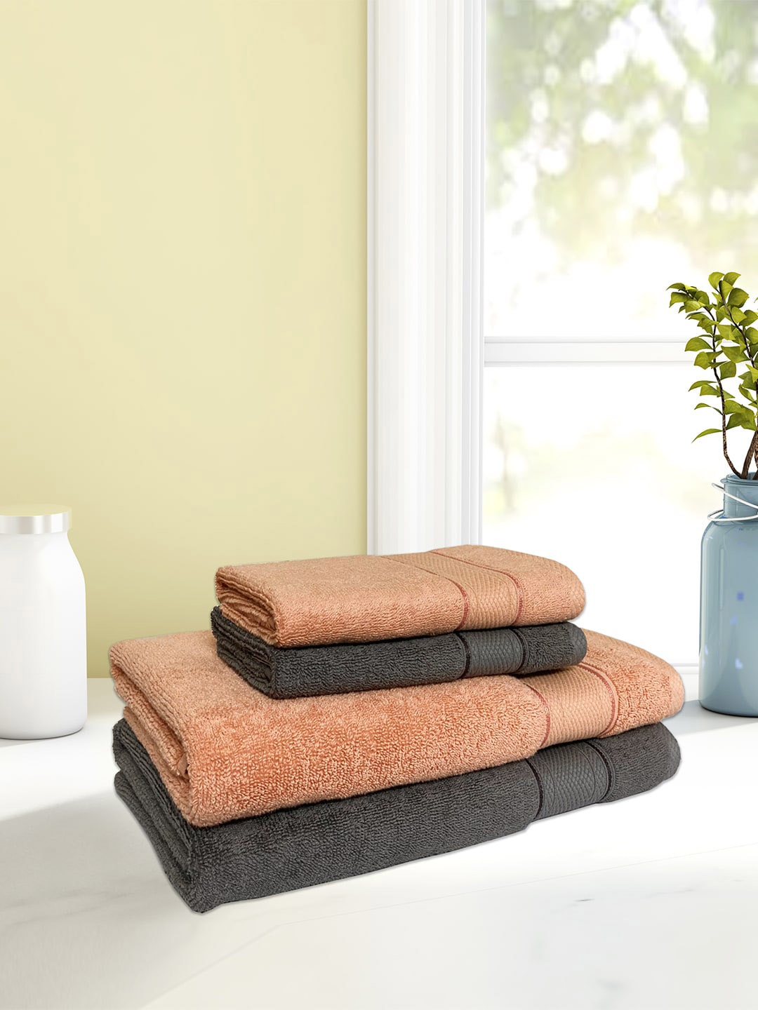 

SPACES Set Of 4 Brown & Grey Solid Pure Cotton Towel Set, Beige