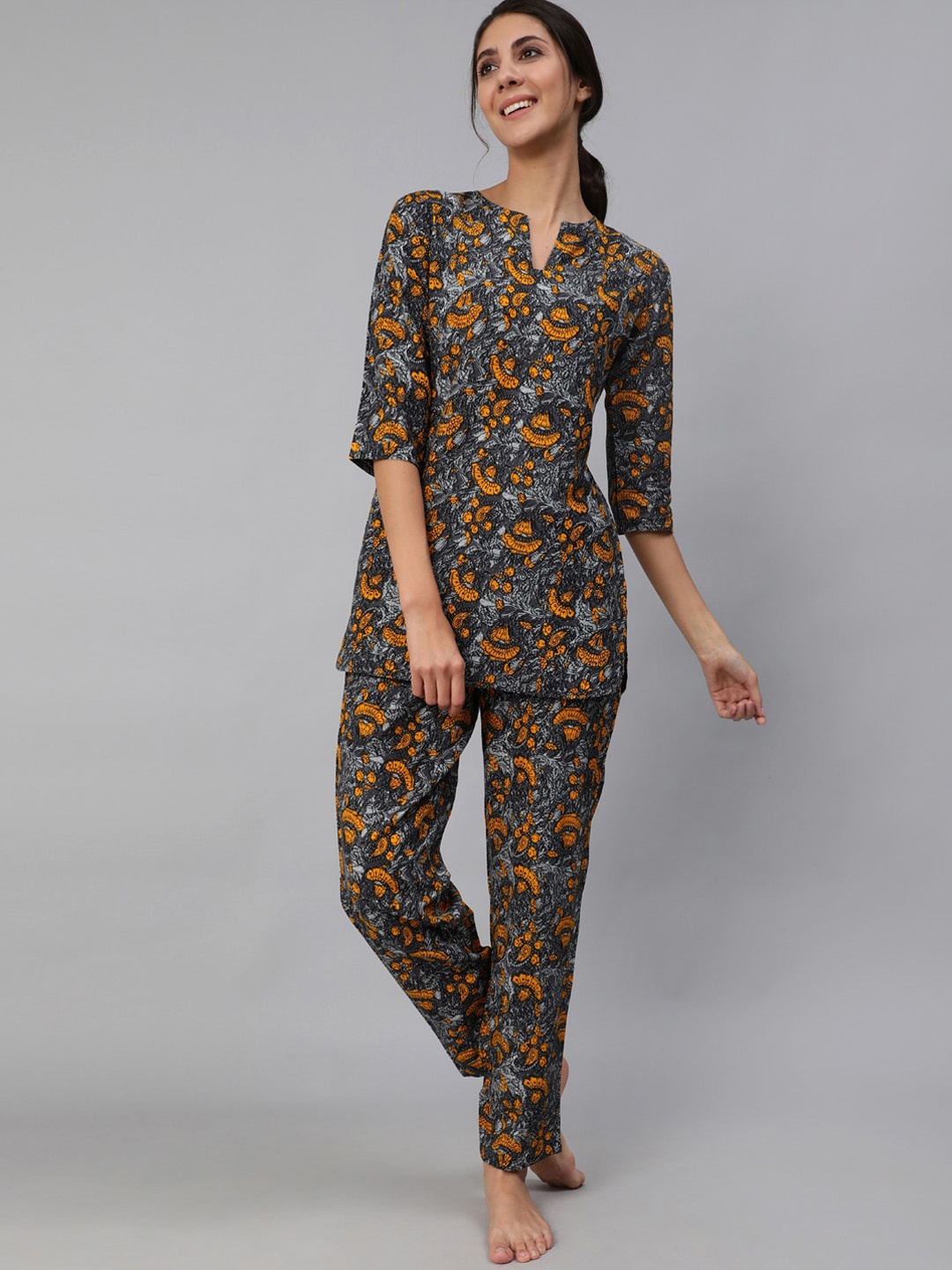 

Nayo Women Grey & Yellow Printed Night suit