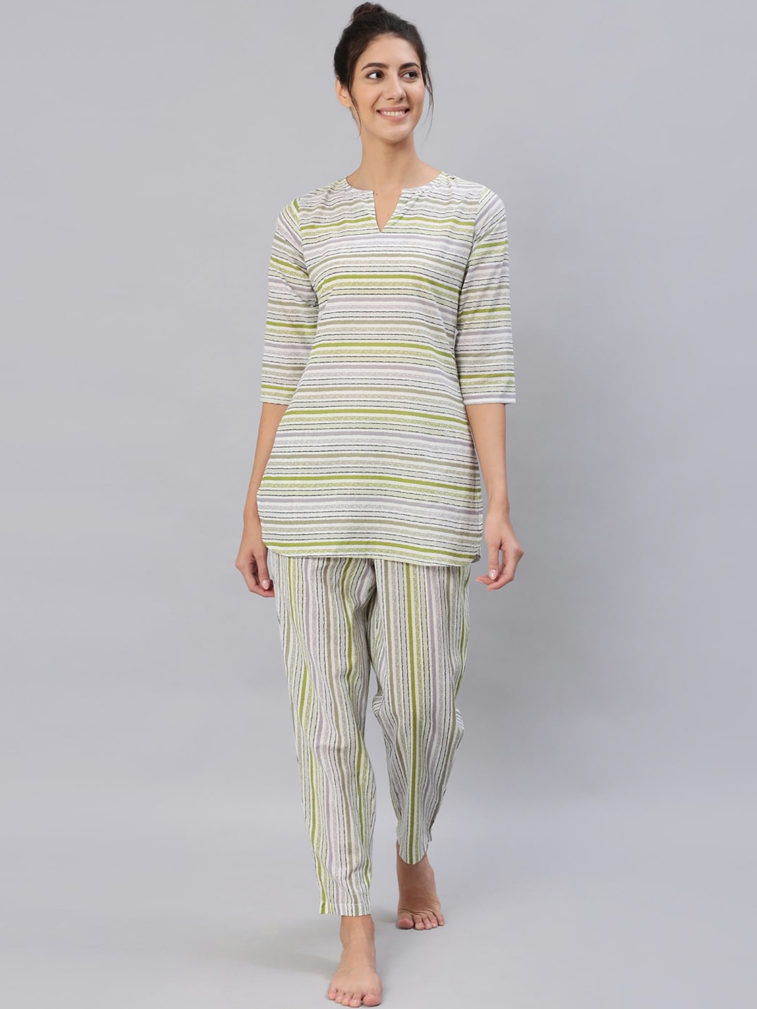 

Nayo Women Green Striped Night Suit Set
