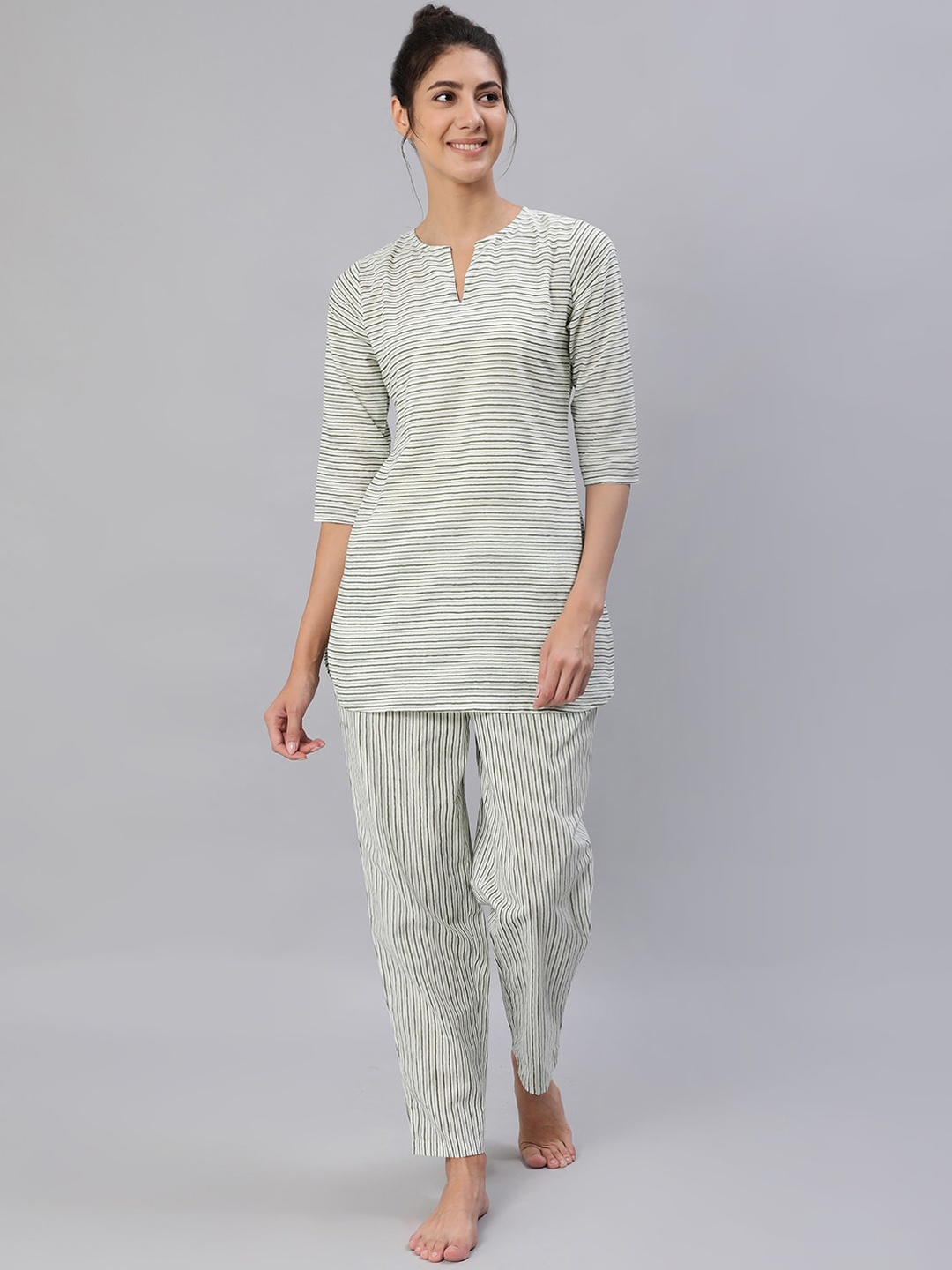 

Nayo Women Green & Off-White Striped Night Suit Set