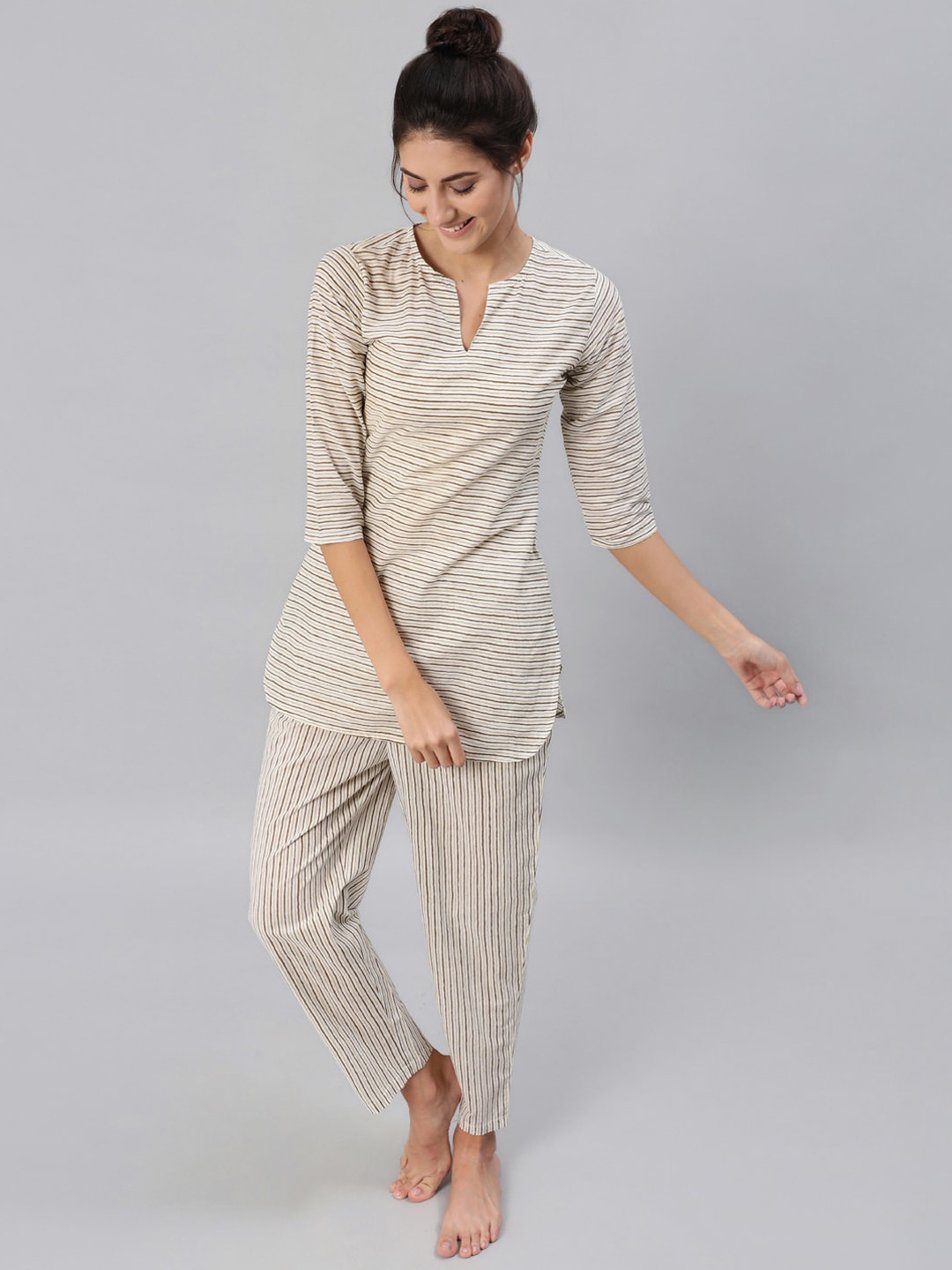 

Nayo Women Off White & Brown Striped Pure Cotton Night suit
