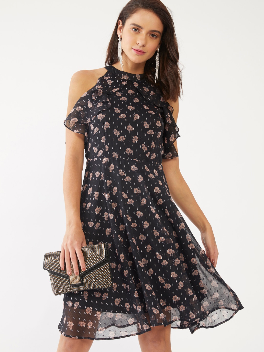 

Zink London Women Black & Brown Floral Halter Neck Dress
