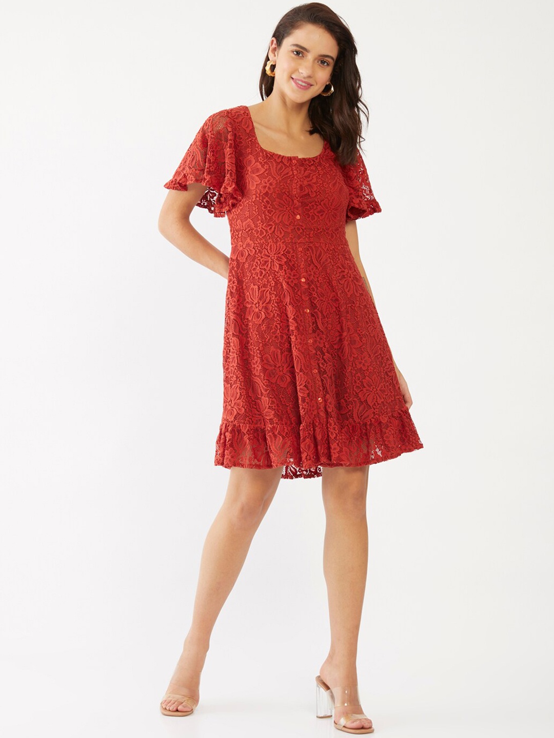 

Zink London Orange Lace Floral A-Line Dress