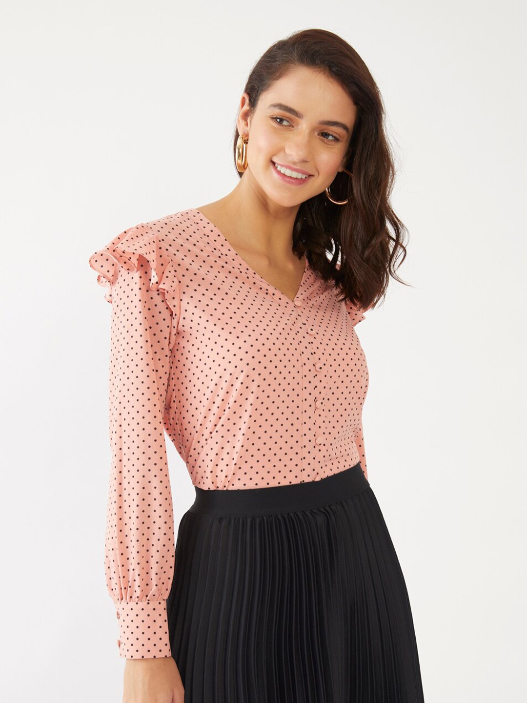 

Zink London Peach-Coloured & Black Polka Dot Regular Top