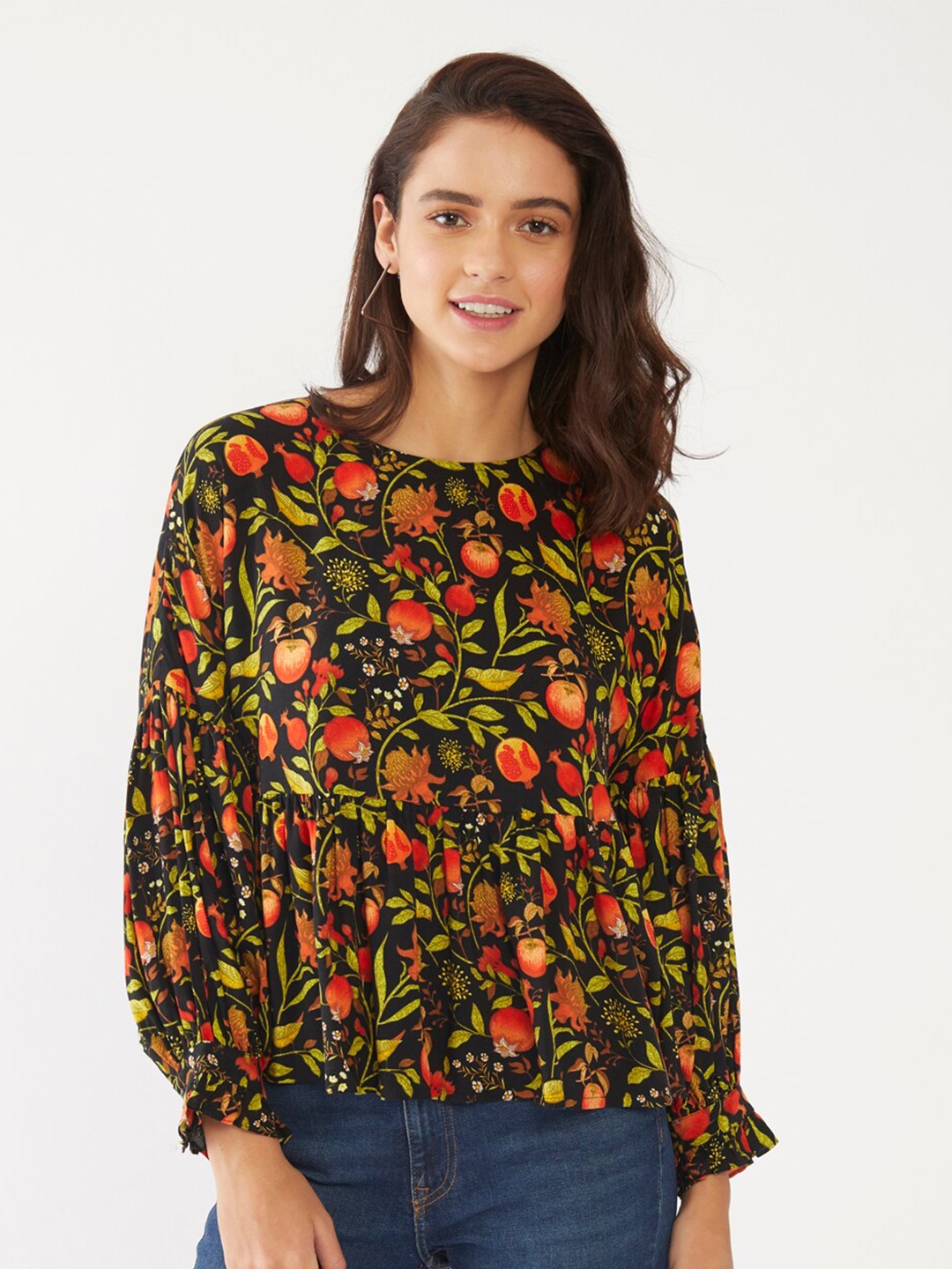 

Zink London Black & Orange Tropical Print A-Line Top