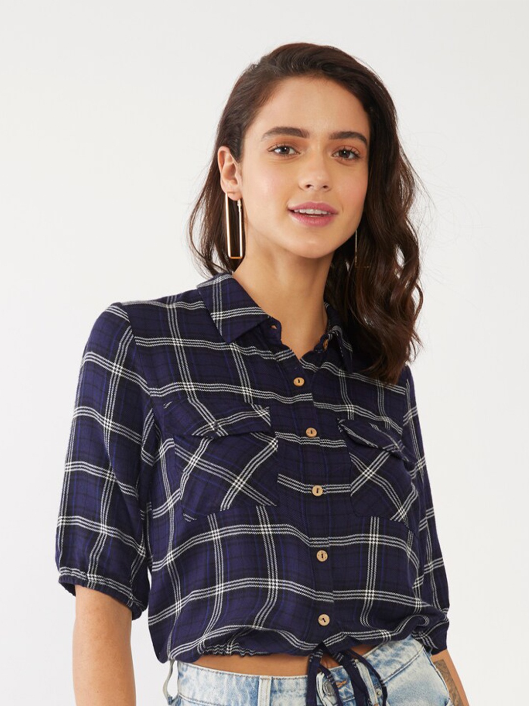 

Zink London Blue & Off White Checked Shirt Style Crop Top