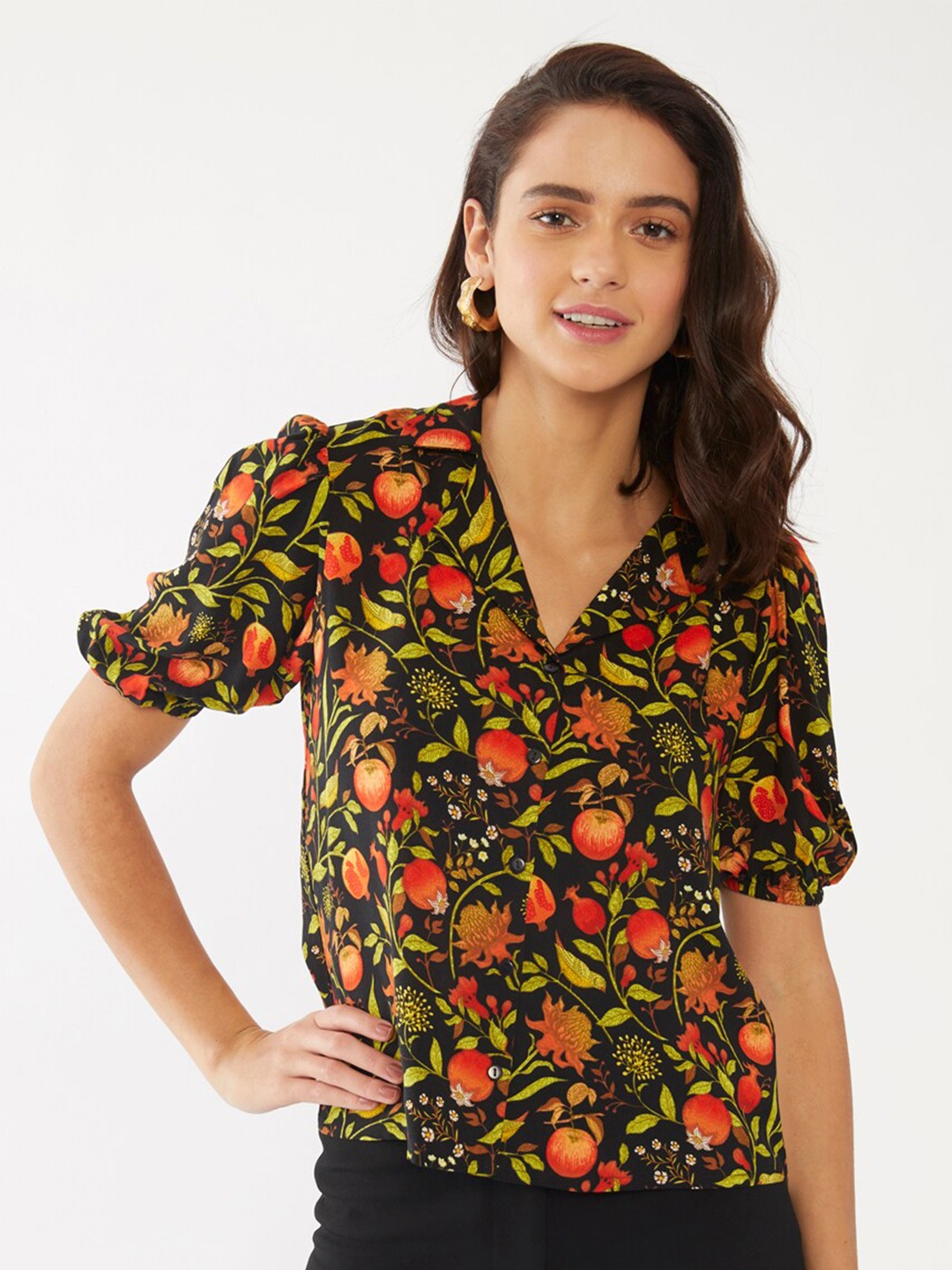 

Zink London Black & Orange Tropical Print Regular Top