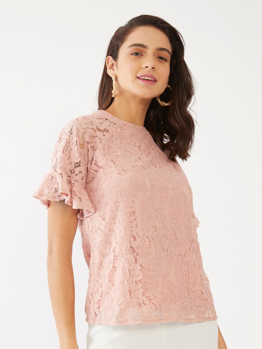 

Zink London Pink Lace Flared Sleeve Regular Top