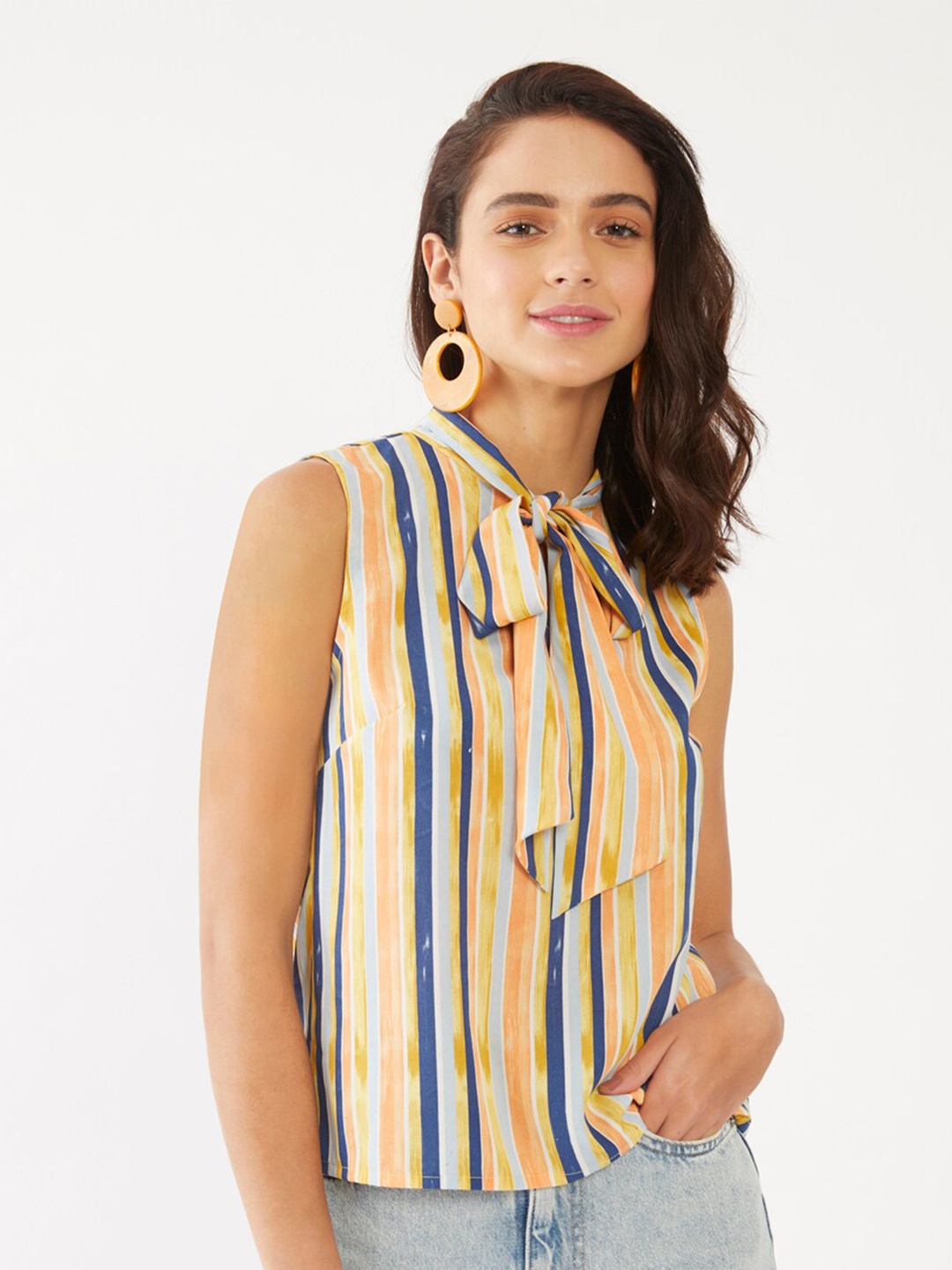 

Zink London Orange & Blue Striped Tie-Up Neck Regular Top