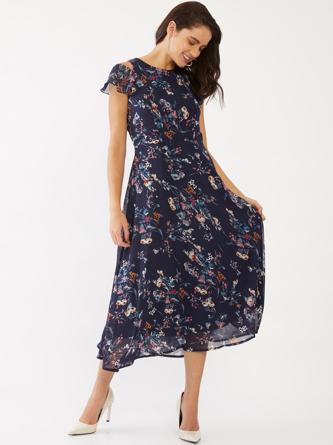 

Zink London Women Blue Floral A-Line Midi Dress