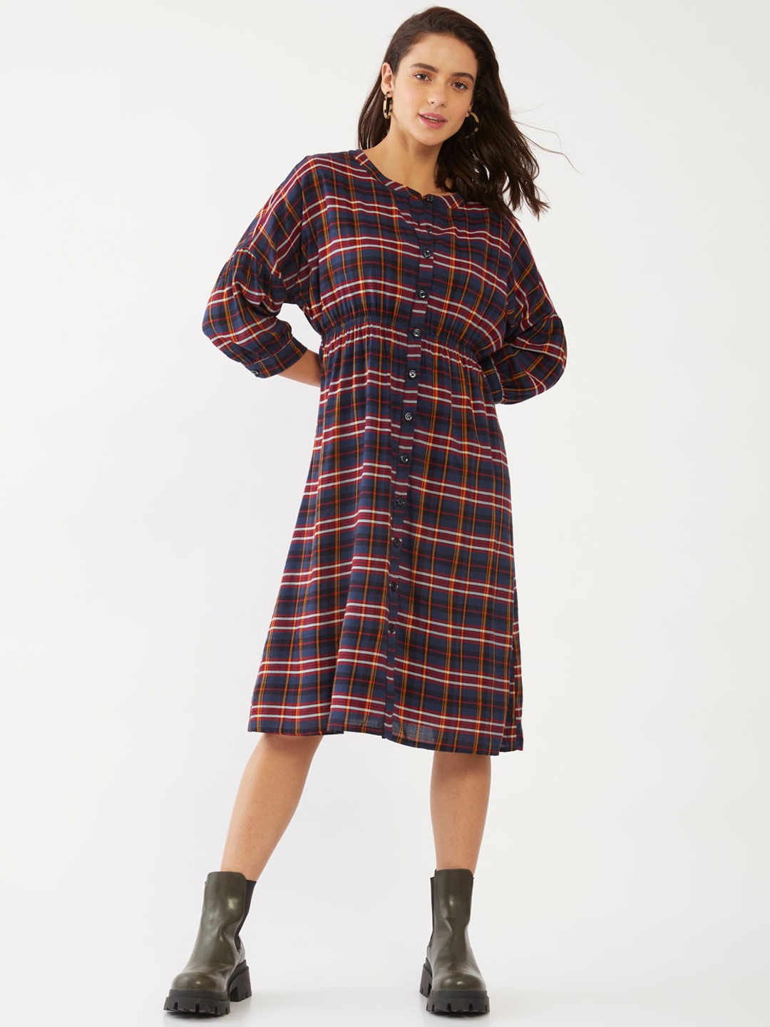 

Zink London Women Blue & brown Checked A-Line Dress