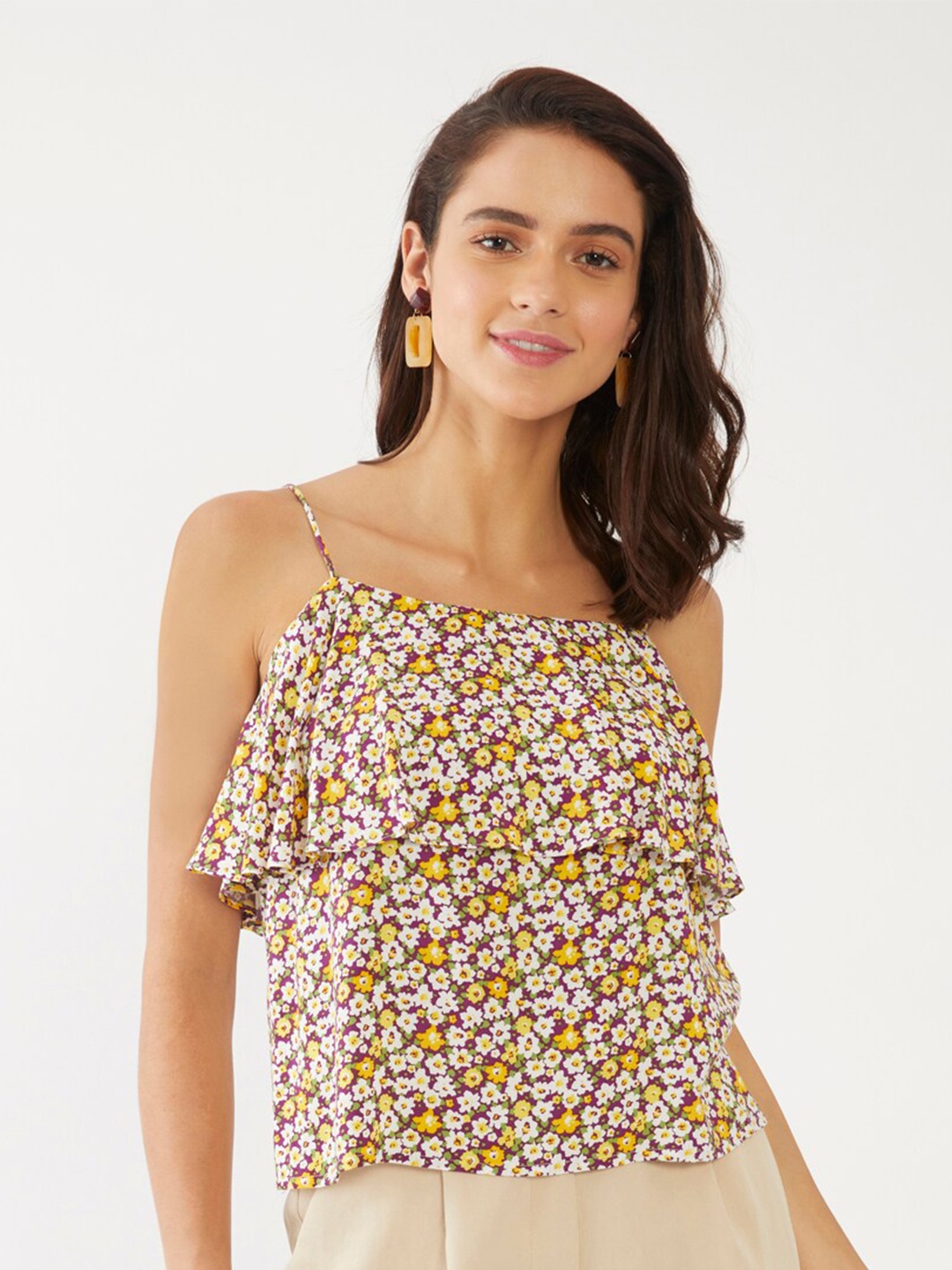 

Zink London Purple & White Floral Print Strappy Layered Regular Top