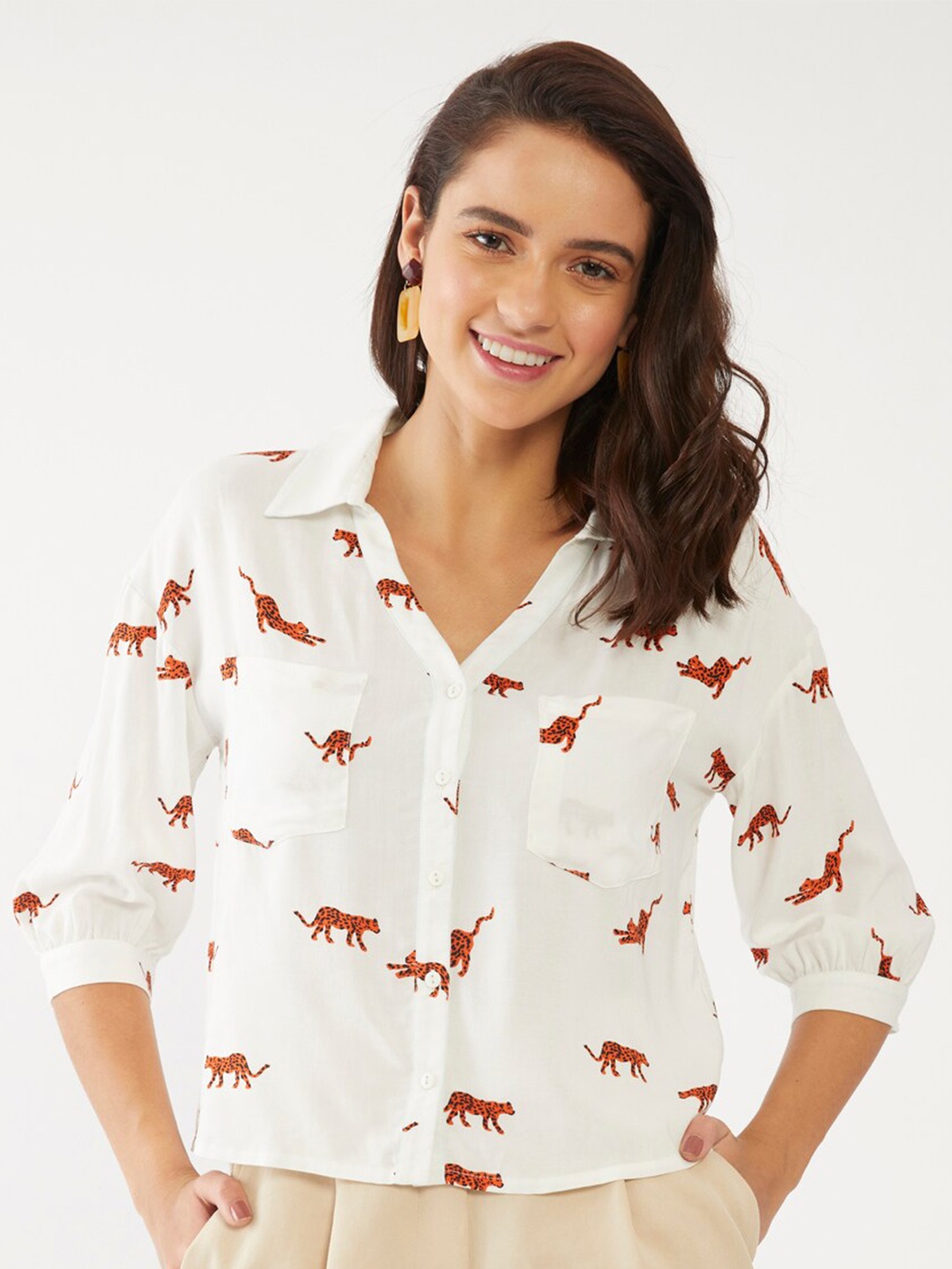 

Zink London White & Brown Shirt Style Quirky Crop Top