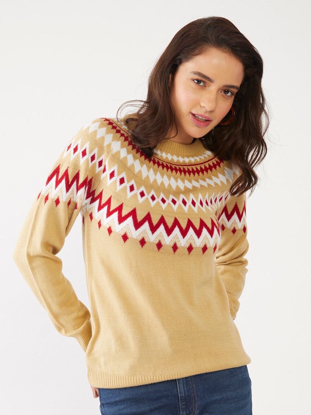 

Zink London Women Beige & Red Printed Pullover