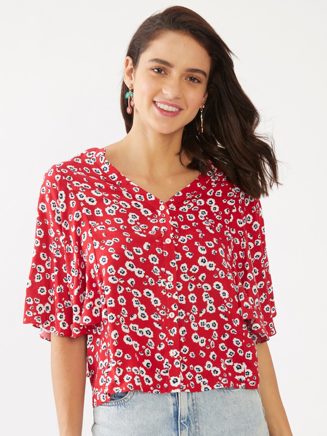 

Zink London Red & White Floral Print Regular Top