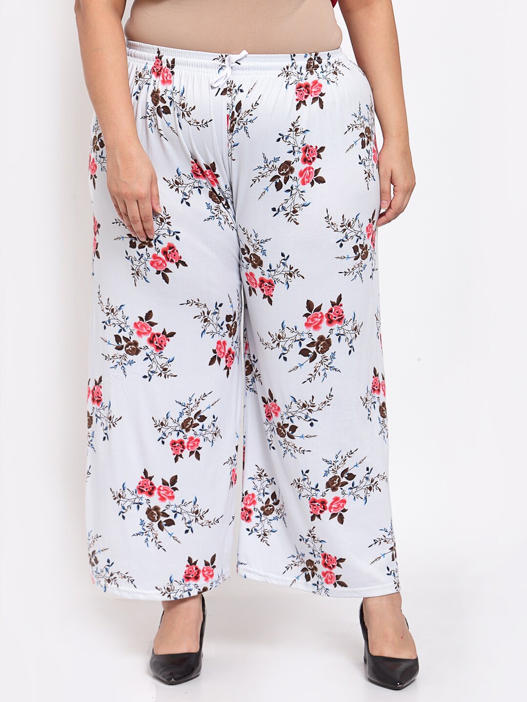 

KLOTTHE Women Plus Size White & Pink Floral Printed Wide Leg Palazzos