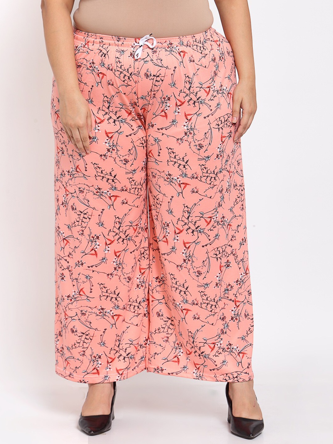 

KLOTTHE Women Plus Size Peach-Coloured & Black Floral Printed Palazzos
