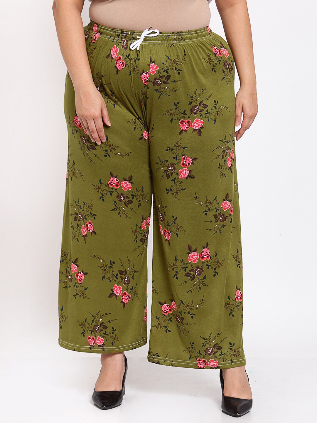 

KLOTTHE Women Plus Size Green & Pink Floral Printed Palazzos