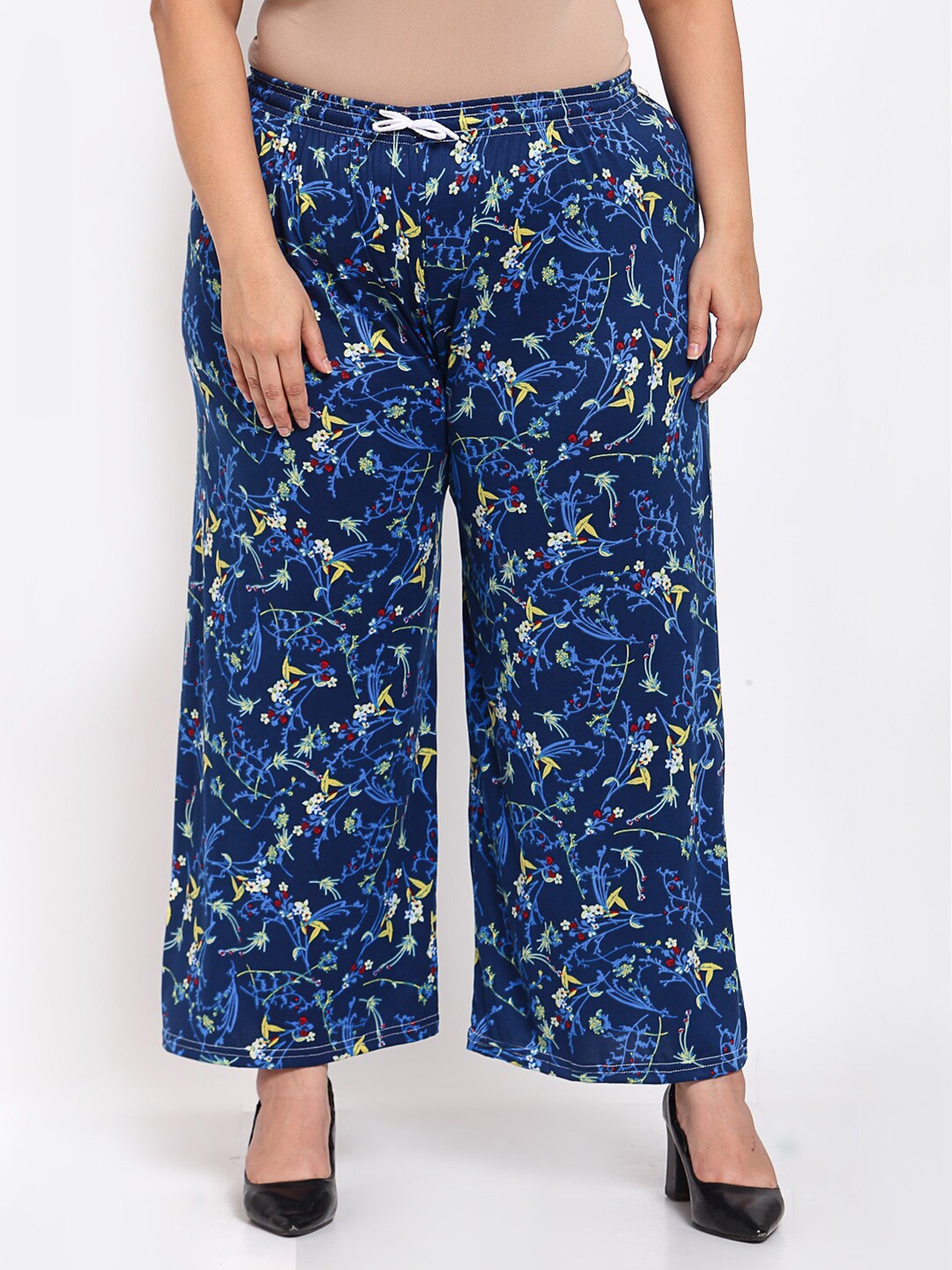 

KLOTTHE Women Plus Size Blue & Yellow Floral Printed Wide Leg Palazzos