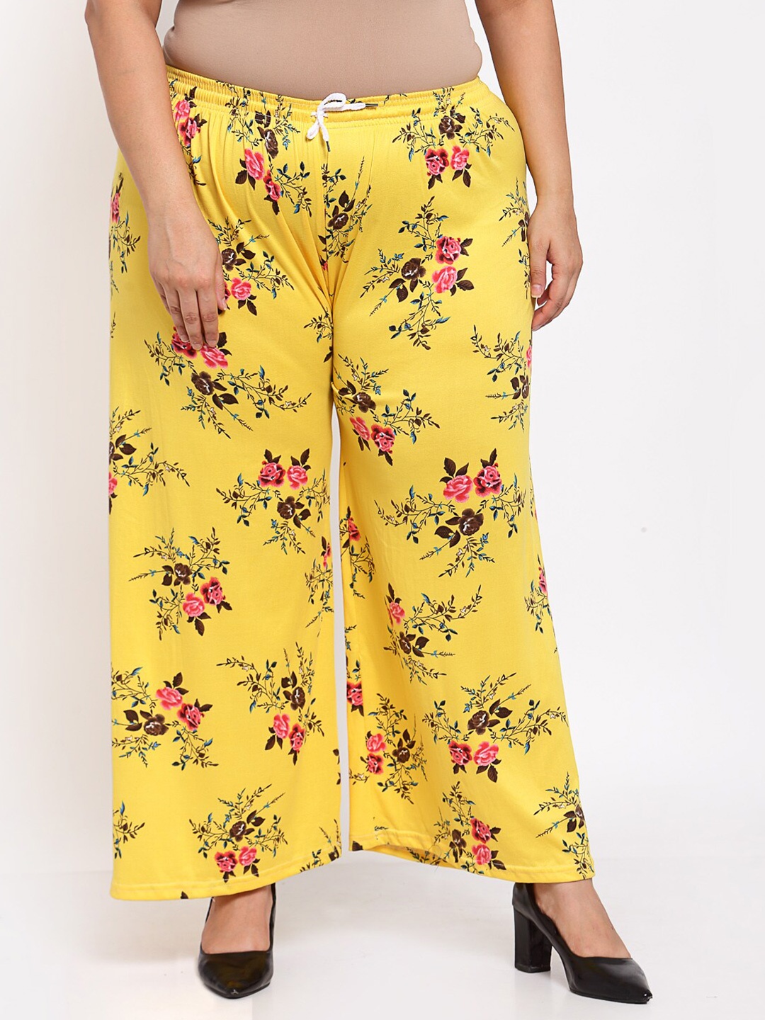 

KLOTTHE Women Plus Size Yellow & Pink Floral Printed Ethnic Palazzos