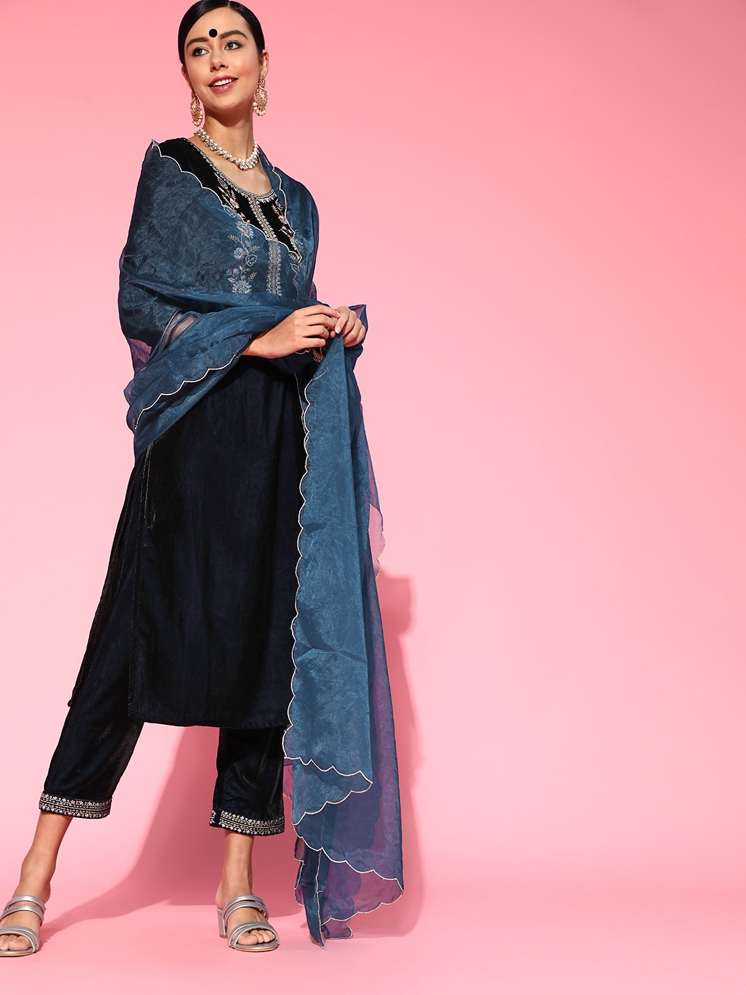 

Os Navy Blue Floral Yoke Design Velvet Kurta with Trousers & Dupatta