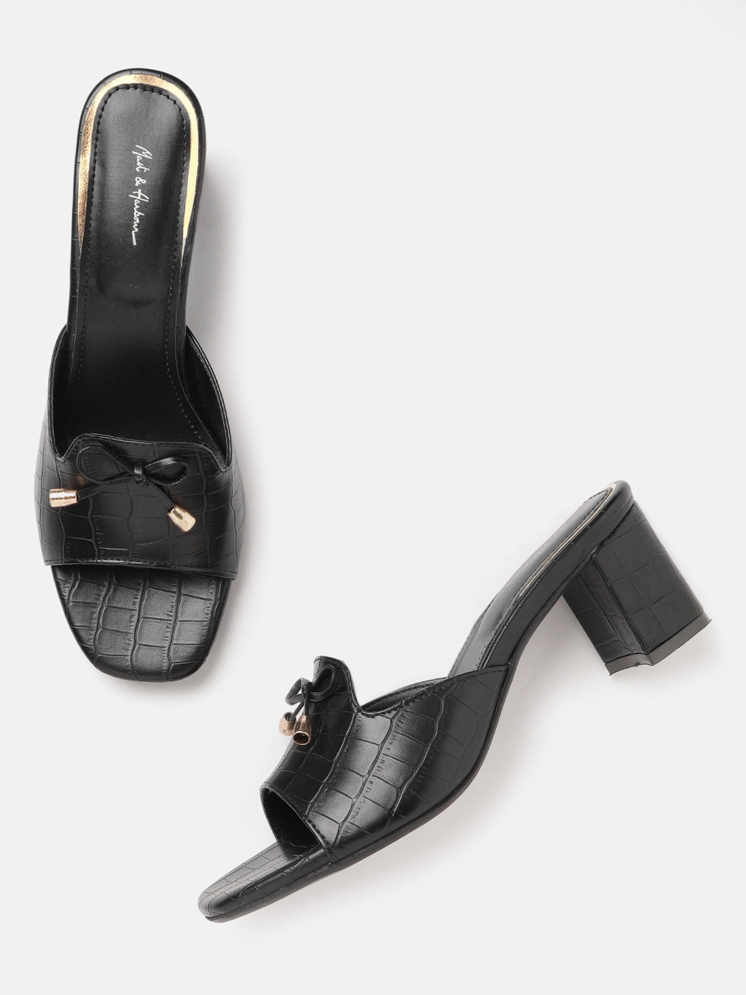 

Mast & Harbour Women Black Croc Textured Block Heels with Bows Detail