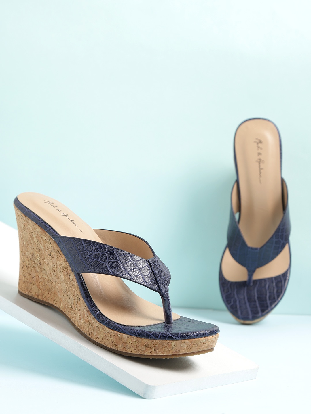 

Mast & Harbour Women Navy Blue Croc Textured Wedge Heels